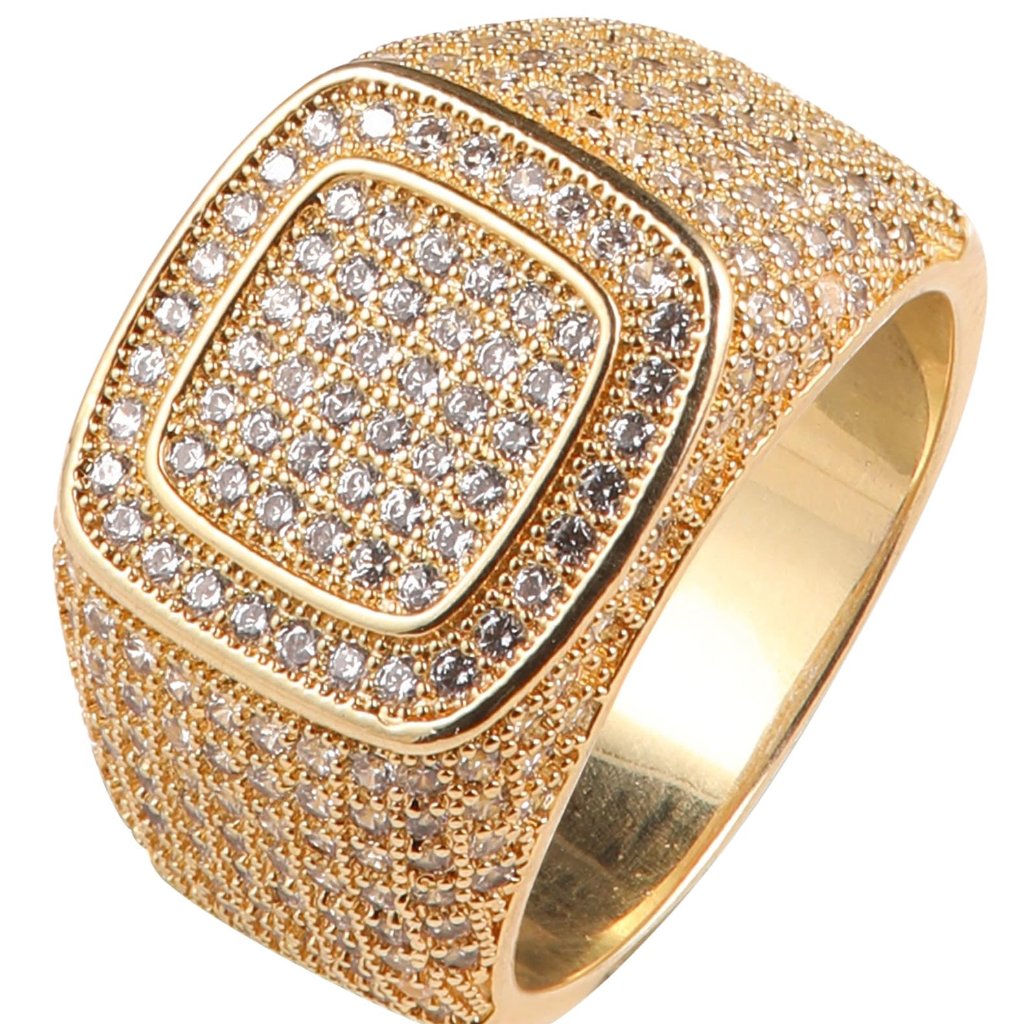 Iced Out Gold Plated Cubic Zirconia Signet Ring Hip Hop Jewelry Gift